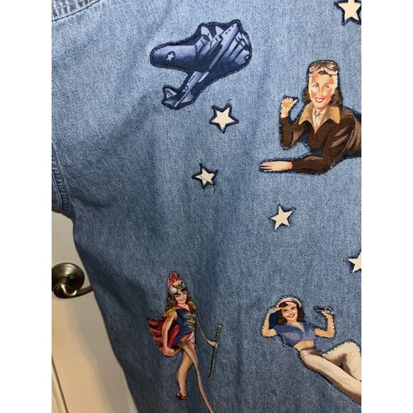 Womens Embellished Denim Blue Jean XL Top Quilt Pin Up Girl Quilter USA Patriot - Picture 6 of 16